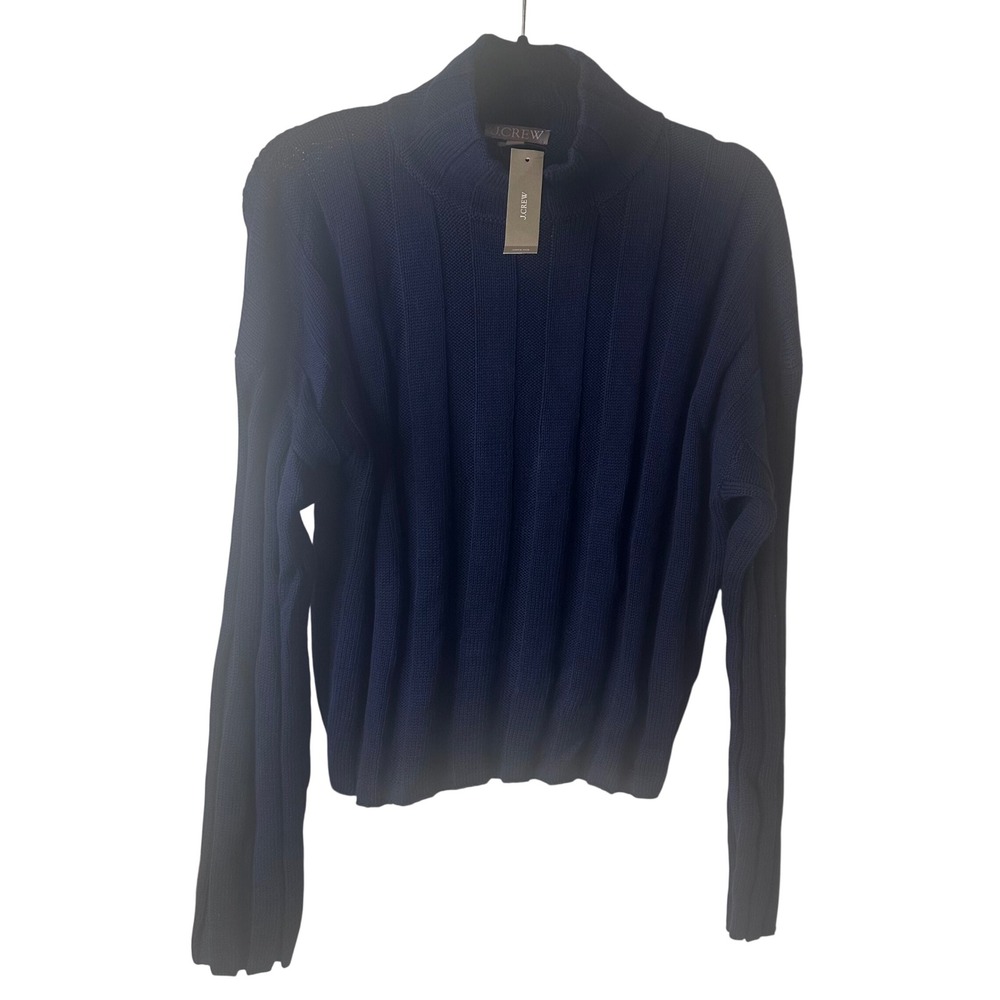 J.Crew Navy Blue Mock Neck Ribbed 100% Cotton Sweater CM696‎ Womens Medium NWT